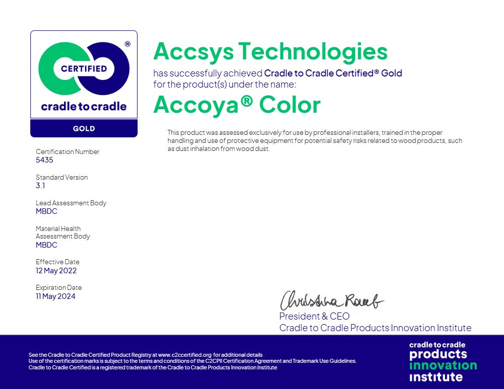 Accsys Accoya COLOR Gold Certificate