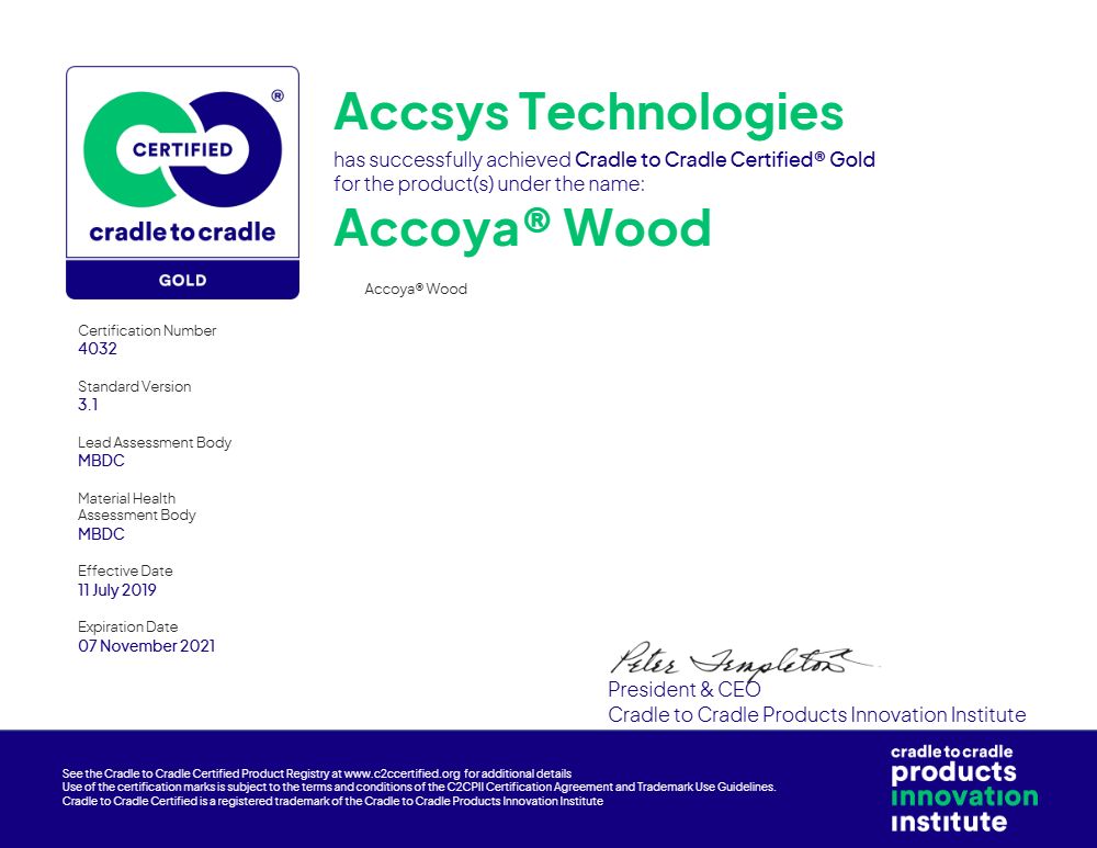 Accoya C2C Gold CERTIFIKAT 2021