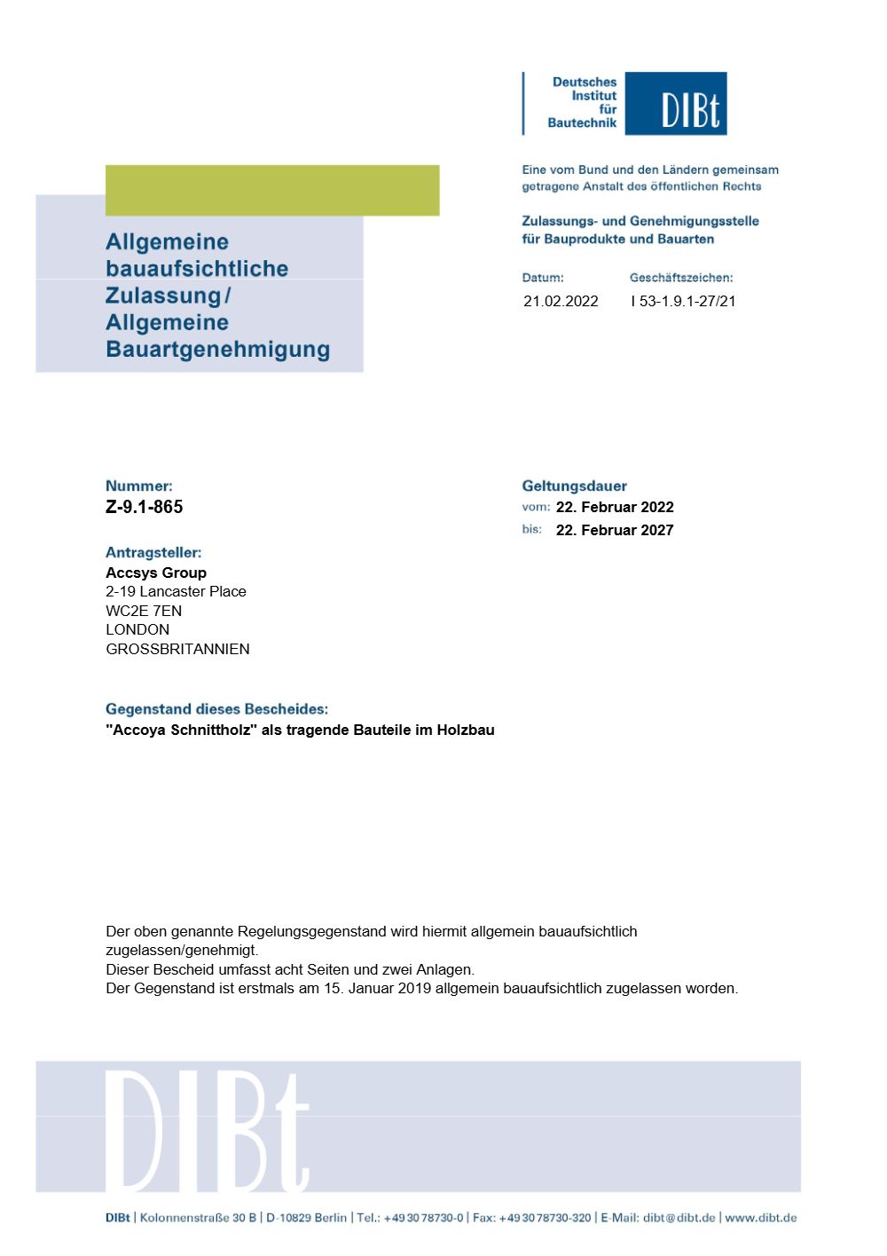 BAZ Zertifikat für Accoya